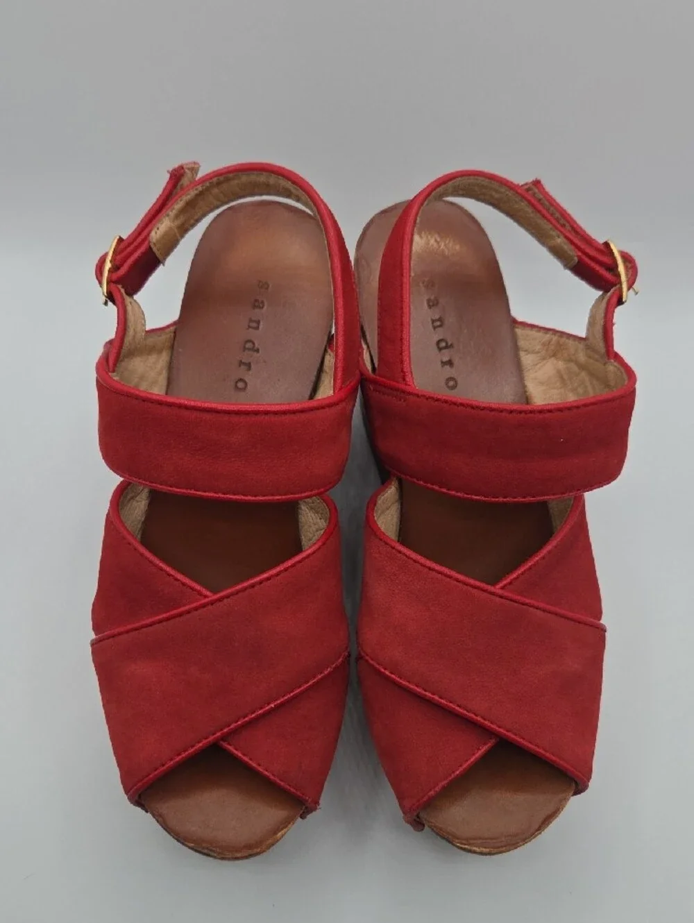 Sandro Red Suede Studded Wood Wedge Platform Sandals Euro 37 US 6.5-7
